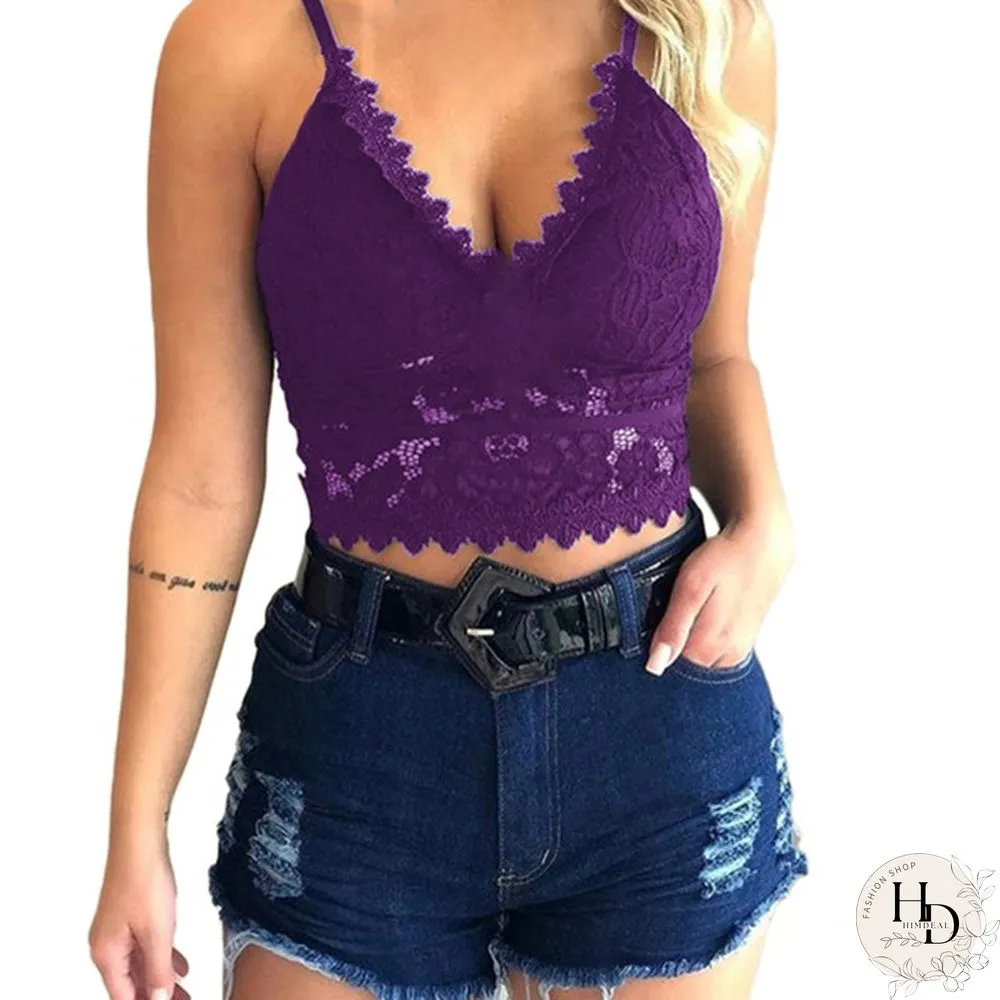 Womens Fashion Lace Floral Bralette Blouses V-Neck Tank Tops Crop Top Spaghetti Strap