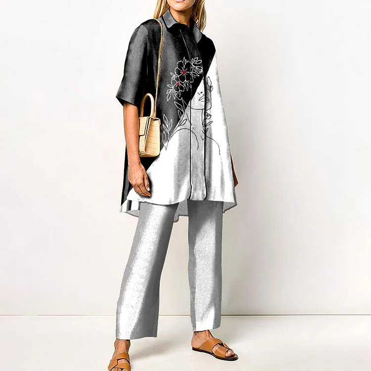 Abstract Colorblock Print Casual Two-Piece Set