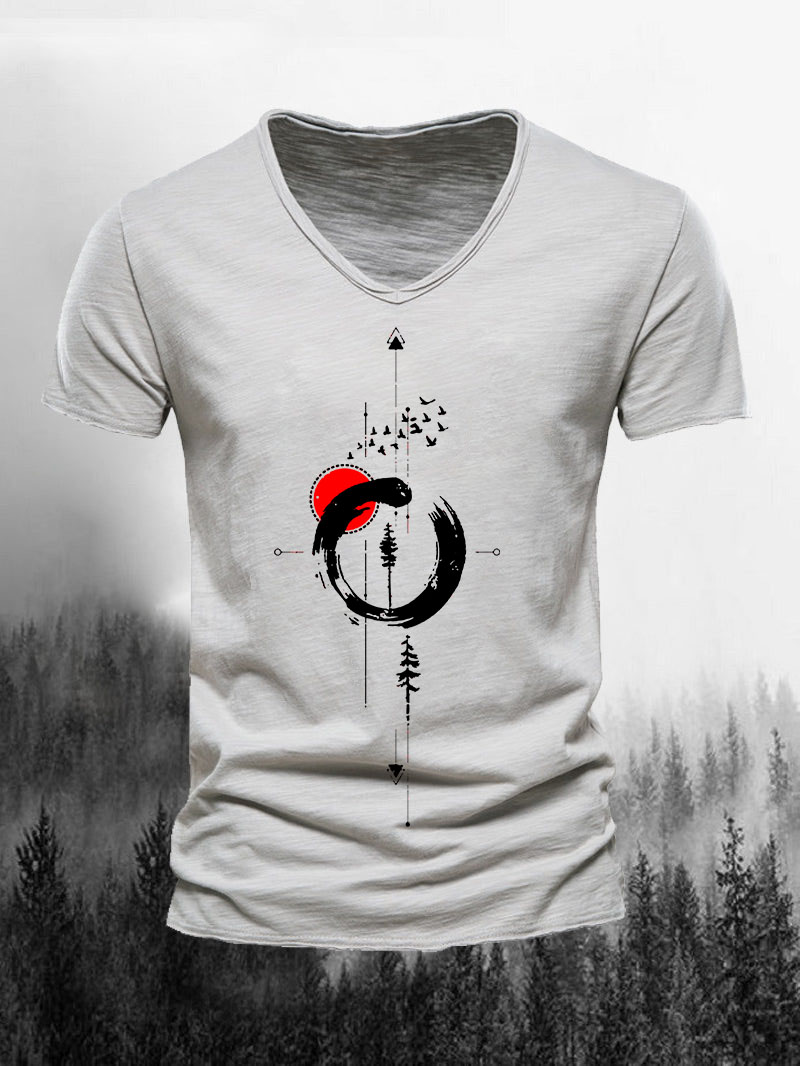 Men's Nature Geometric Classic Slub Cotton V-neck Short-Sleeved Shirt