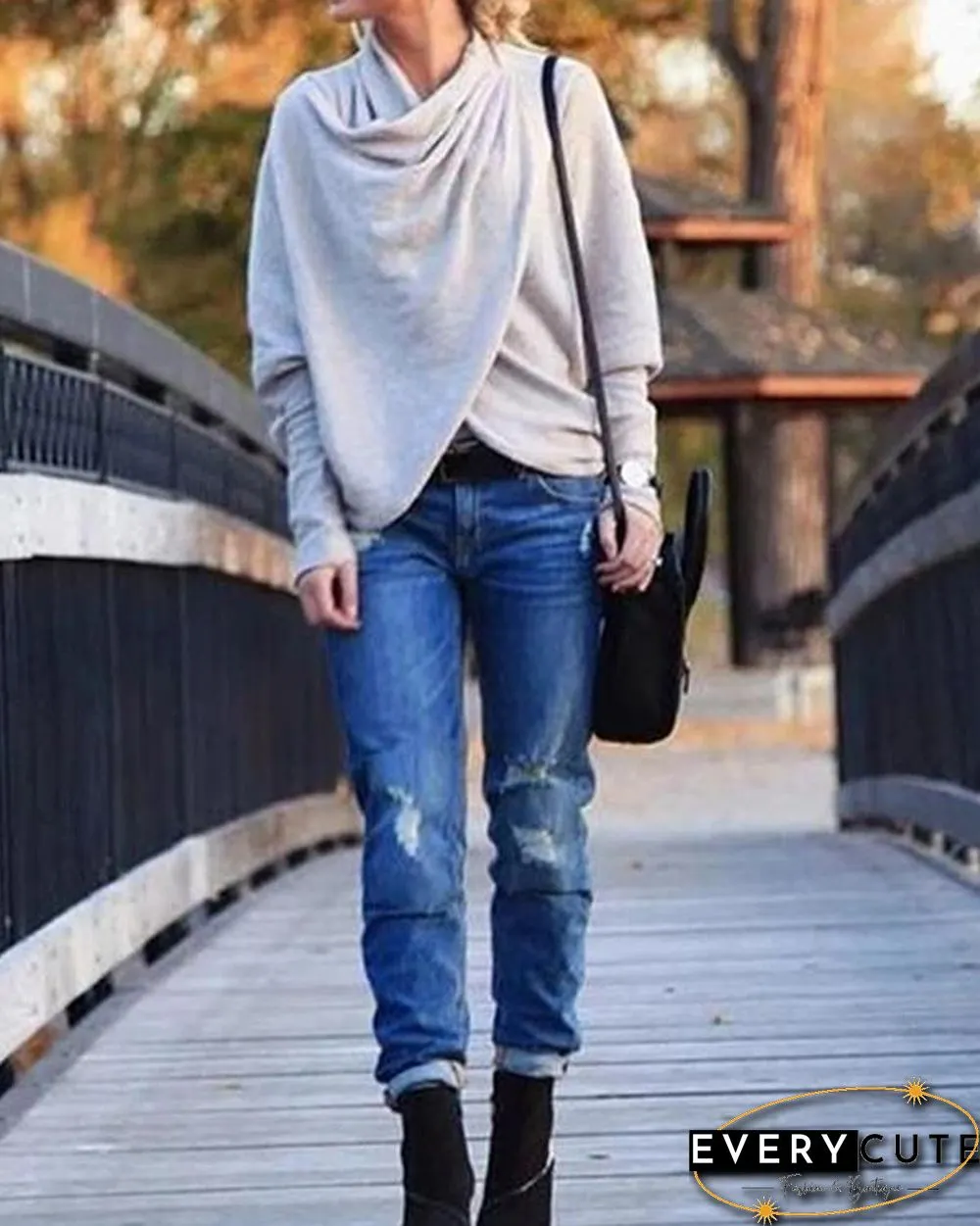 Women's Casual Asymmetric Cowl Neck Long Sleeve Knit Tops