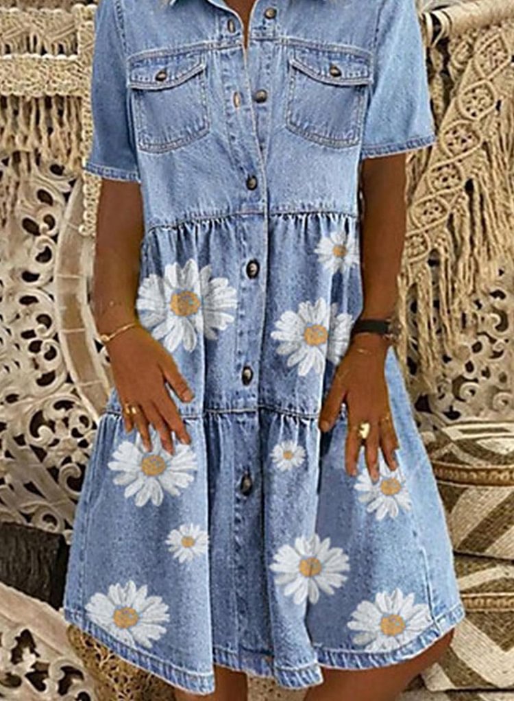 Women's Dresses Sunflower Print Denim Mini Dress