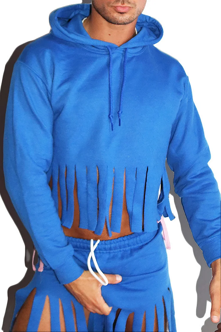 Ciciful Fringe Festival Crop Hoodie Shorts Blue Two Piece Set