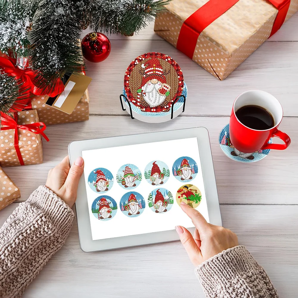 8pcs DIY Christmas Gnome Diamond Painting Art Coaster Kit Acrylic Round Diamond Painting DIY Coaster