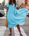 Summer Long V-Neck Boho Chic Dress Casual Holiday Beach Dress Loose Short Sleeve Dresses