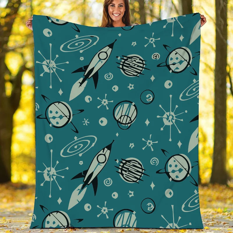 MCM Geometric Abstract Retro Red Gray Black Mustard Brown and Green Sherpa Fleece Blanket