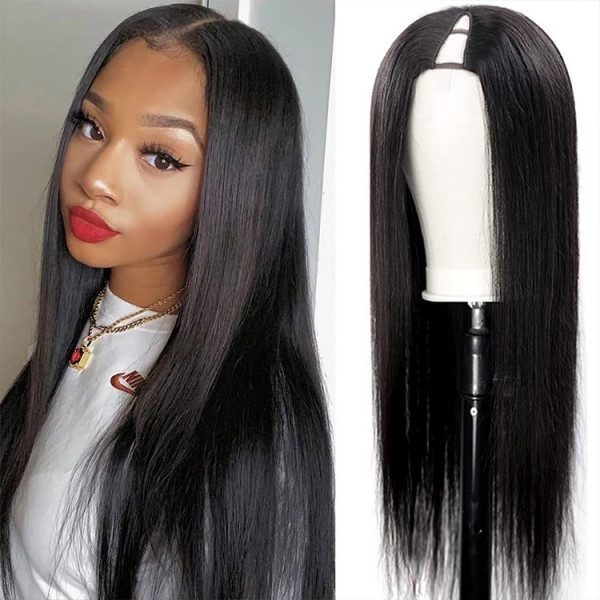 Straight V Part Wig 250% Density Human Hair Virgin Hair Glueless Wigs