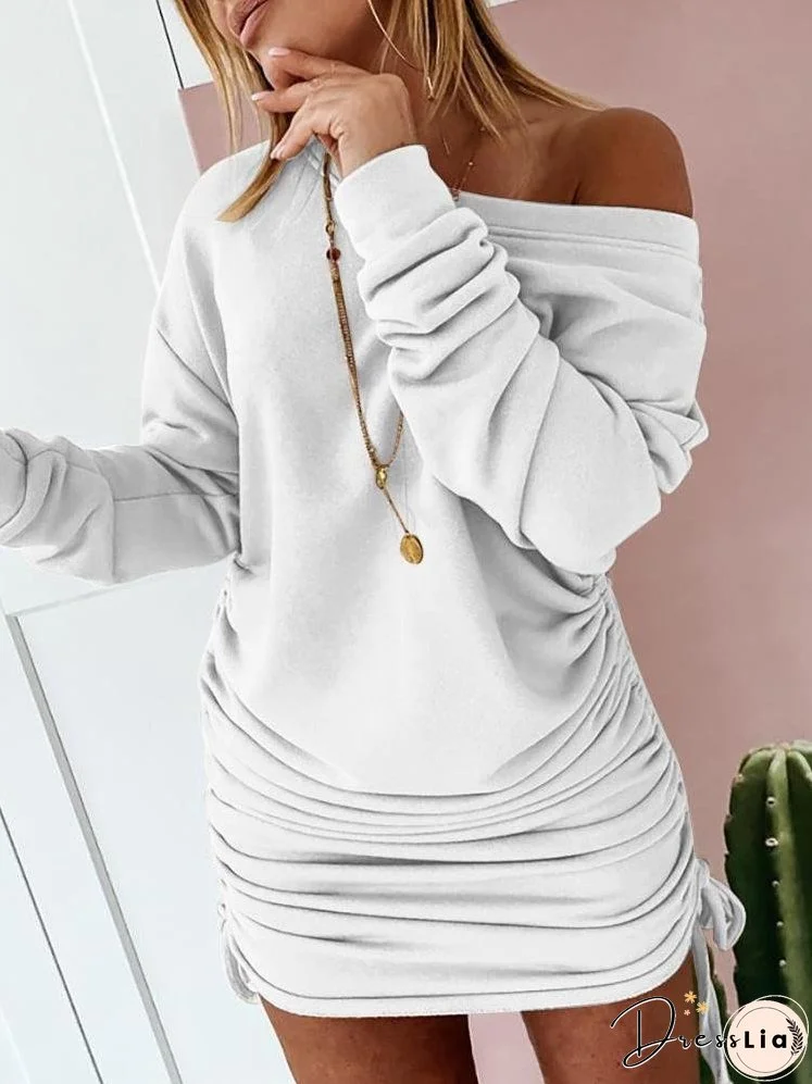 Dresses Slanted Shoulder Drawstring Folds Long Sleeve Dress for Women