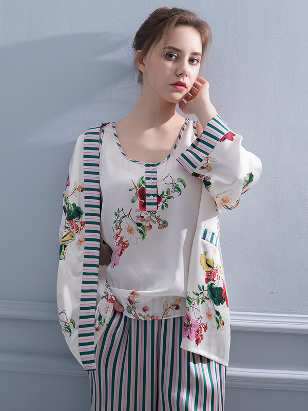 Luxurious Sweet Bloom Silk Pajamas Set|3pcs REAL SILK LIFE