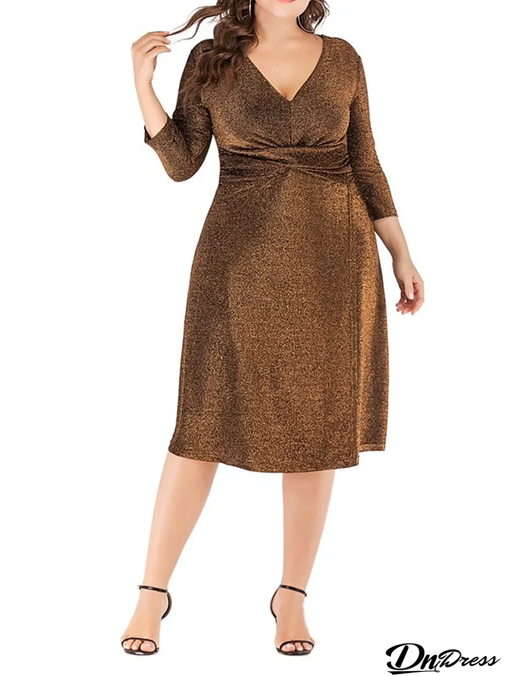 Women's Plus Size Black Dress Party Dress Cocktail Dress Midi Dress Black Gold Gray Long Sleeve Plain High Waist Summer Spring Fall V Neck Elegant Wedding Guest Birthday Vacation XL XXL 3XL 4XL 5XL