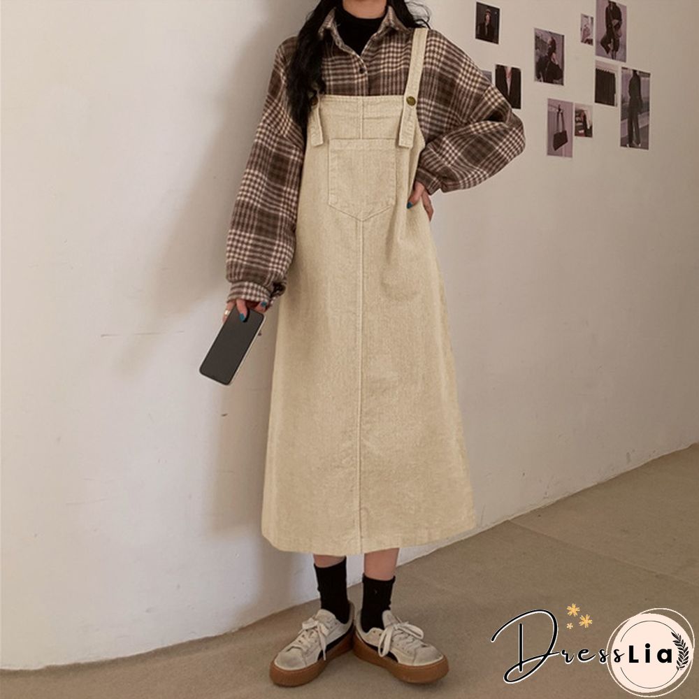 Women Winter Sleeveless Corduroy Casual Loose Warm Midi Tank Dress Sundress