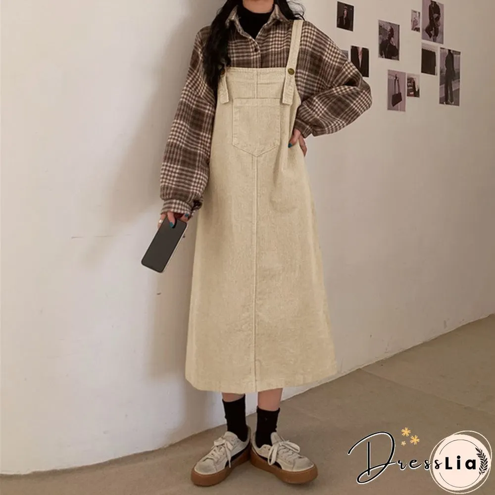 Women Winter Sleeveless Corduroy Casual Loose Warm Midi Tank Dress Sundress