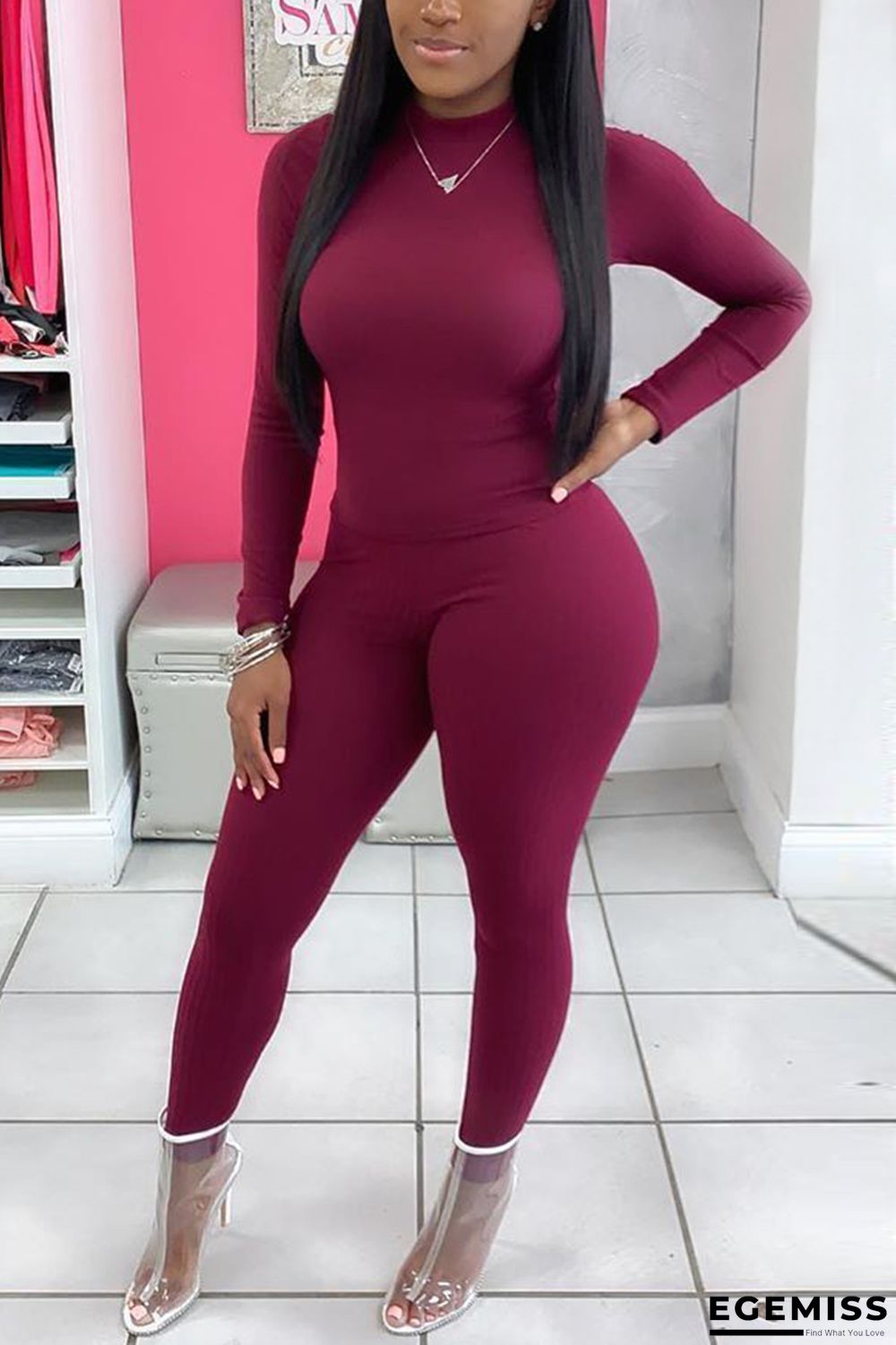 Wine Red Street Solid pencil Long Sleeve Two Pieces | EGEMISS