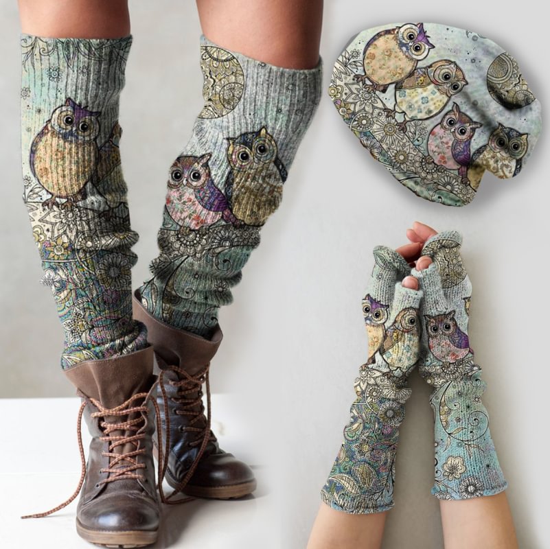 Vintage owl print knitted hat +leg warmers + fingerless gloves set