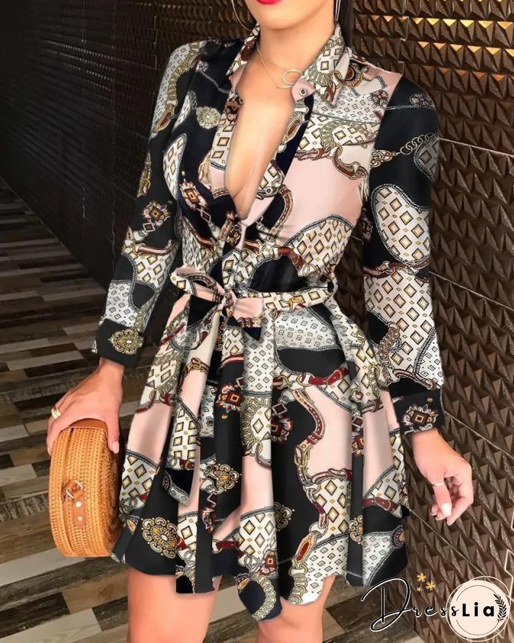 Autumn and Winter New Long Sleeve V-neck Bandage Fashion Sexy Printed Dress