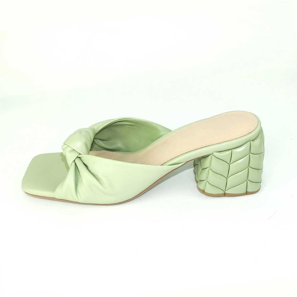 Mint Green Square Toe Decor Block Heel Knot Slip On Sandals for Women Nicepairs