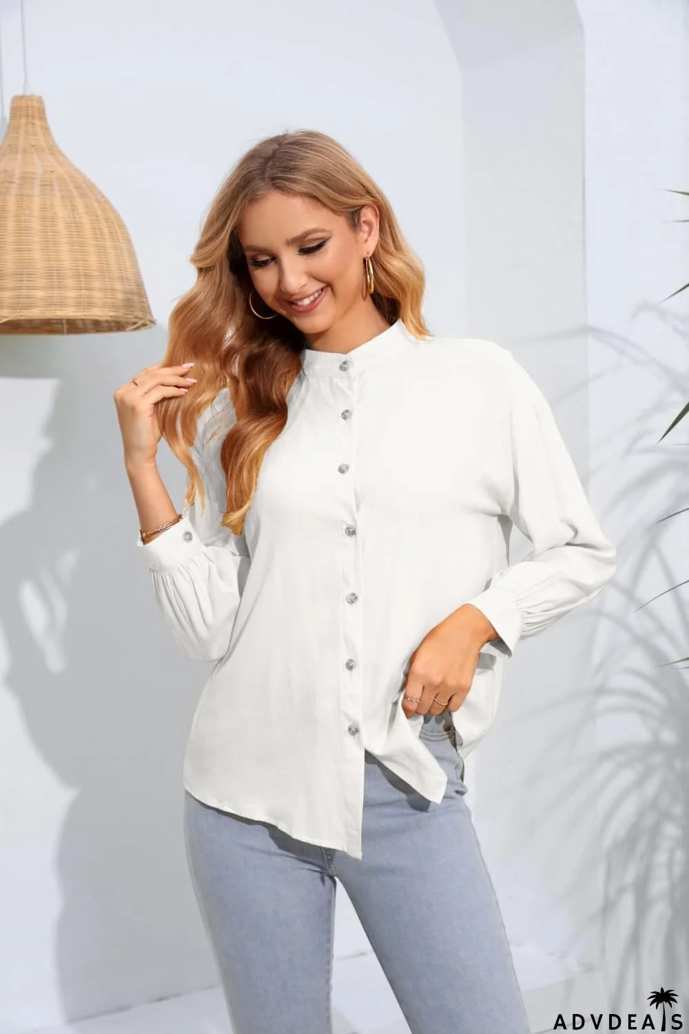 Mock Neck Buttoned Long Sleeve Shirt