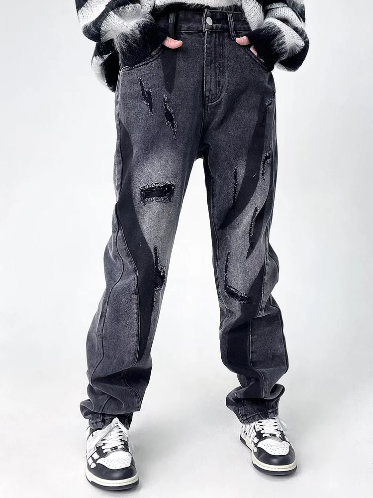 High Street Hip Hop Jeans Ripped Trousers Retro Casual Pants at Hiphopee