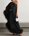 One Shoulder Feather Trimmed Crepe Gown
