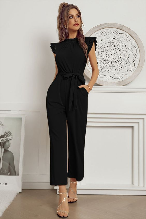 Lvs&Broner Stunning Black High Neck Sleeveless High Waist Pleated Long Jumpsuit with Belt