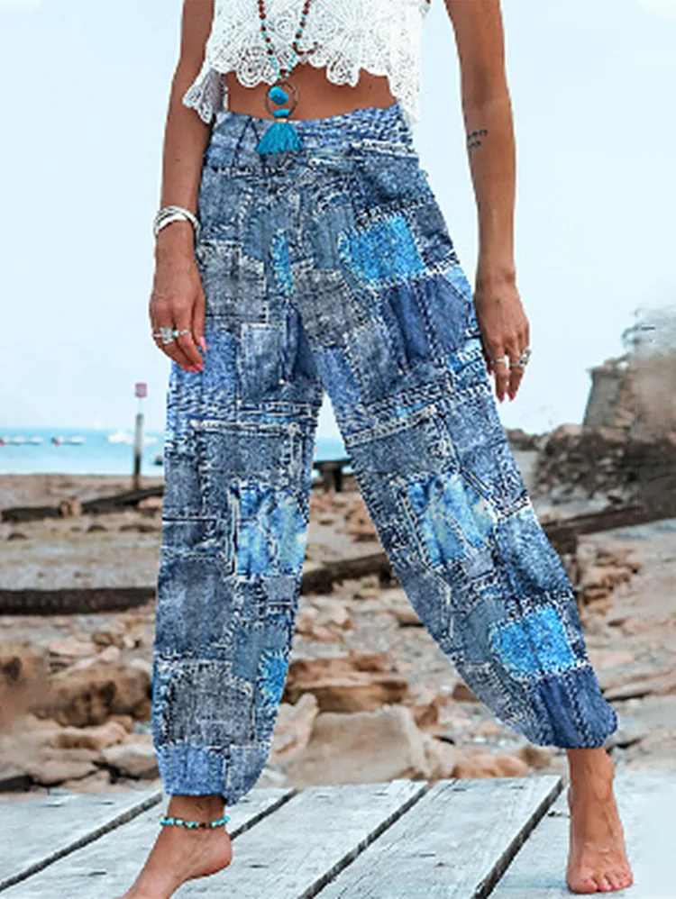 Casual Grid Patchwork High Waist Loose Pants
