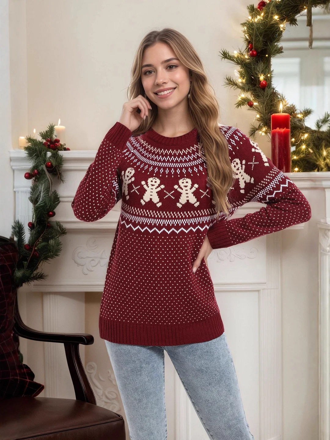 Athvotar Athvotar And Winter New Christmas Sweater Women Loose Knitting Wave Point Snowflake Cartoon Coat