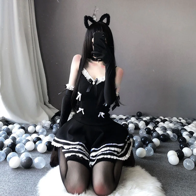 Lolita Sexy Maid Cosplay Costumes Cute Black Dress And Thong Anime Punk School Girl Gothic Outfit For Woman With Hat Gloves New