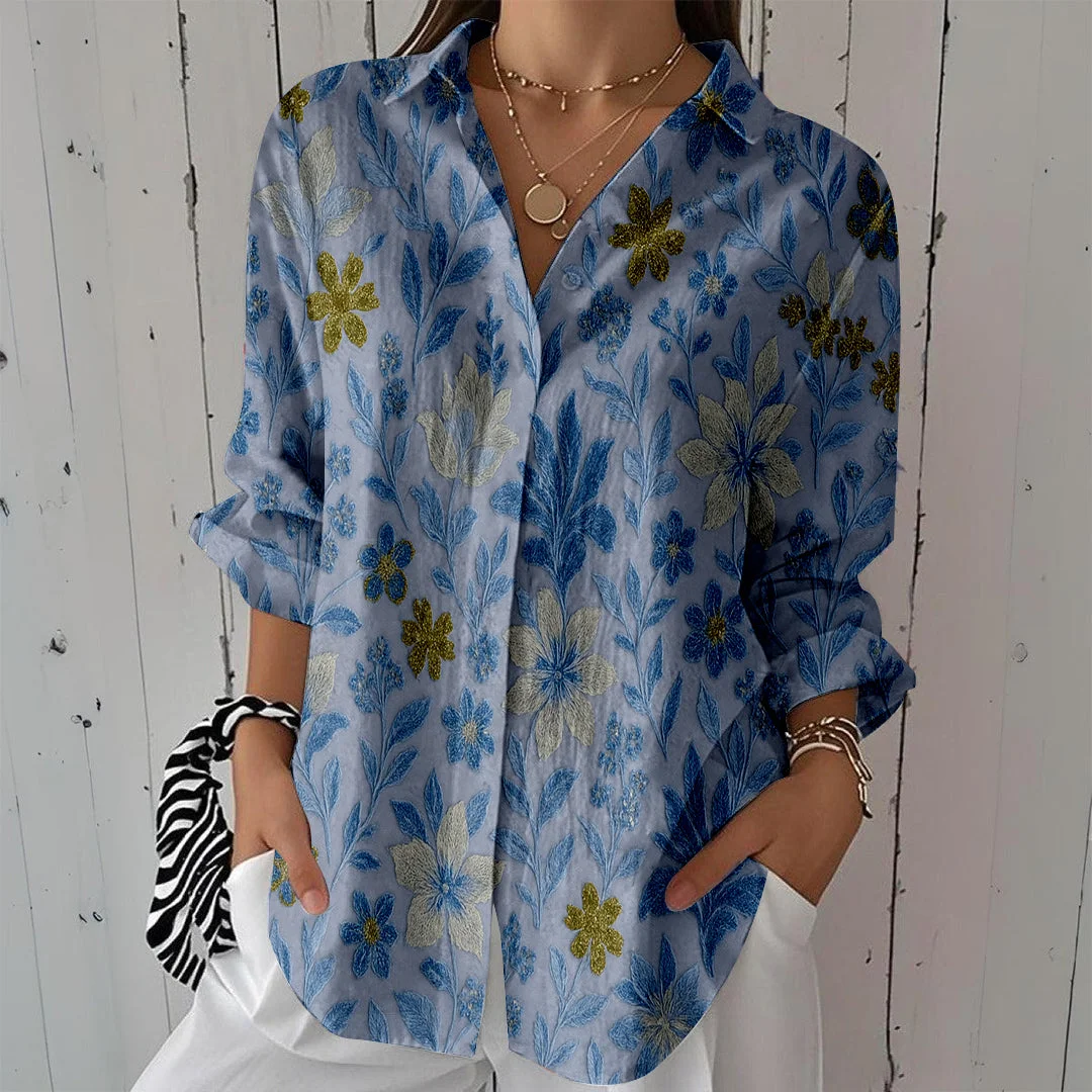 Style & Comfort for Mature Women Women Floral, Blue DZCL0207 3/4 Sleeve Shirt Collar Printed Button Tops