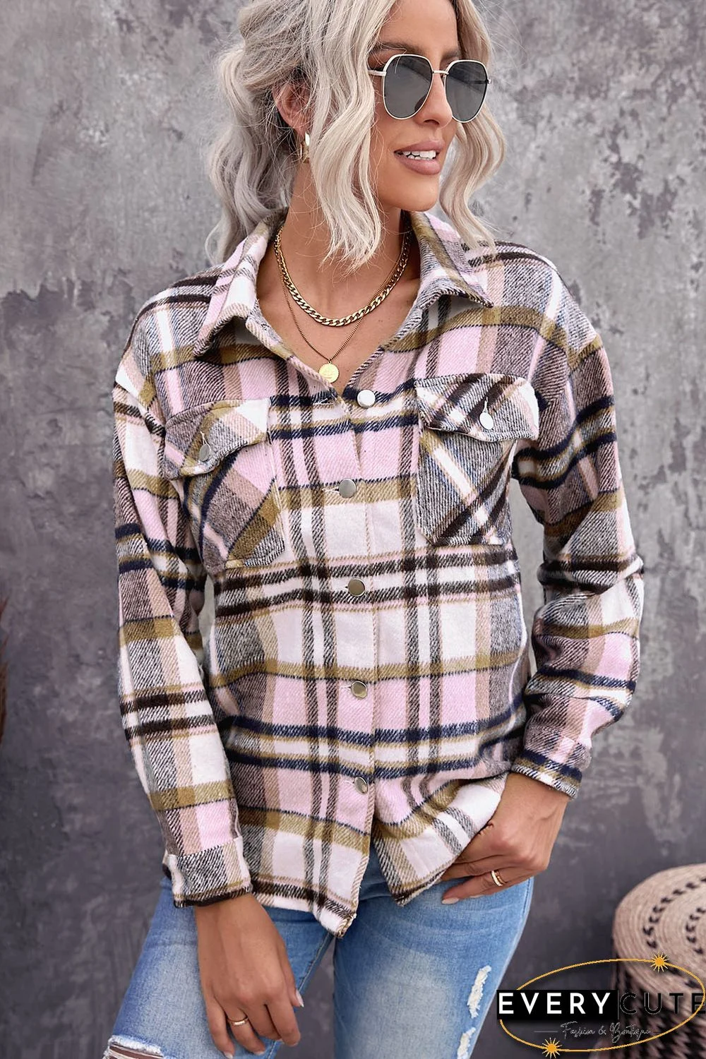 Pink Geometric Plaid Print Pocketed Shirt