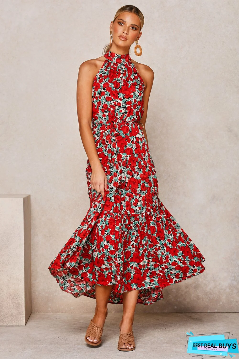 Neck Print Lace-Up Dress