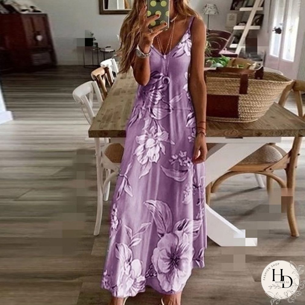 Summer Dresses Fashion Clothes Women's Plus Size Dresses Casual V-neck Sleeveless Maxi Dresses Ladies L Loose Cotton Dress Party Wear Floral Printed Halter Beach Dress
