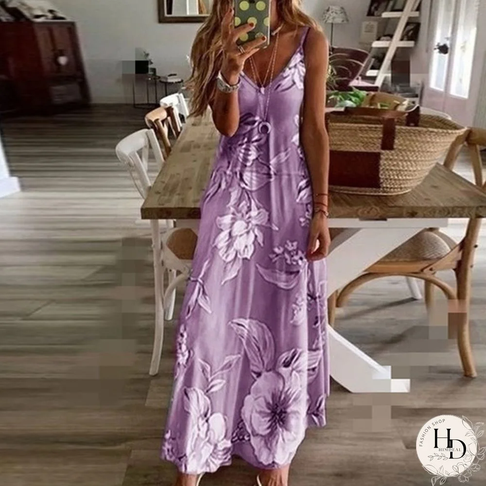 Summer Dresses Fashion Clothes Women's Plus Size Dresses Casual V-neck Sleeveless Maxi Dresses Ladies L Loose Cotton Dress Party Wear Floral Printed Halter Beach Dress