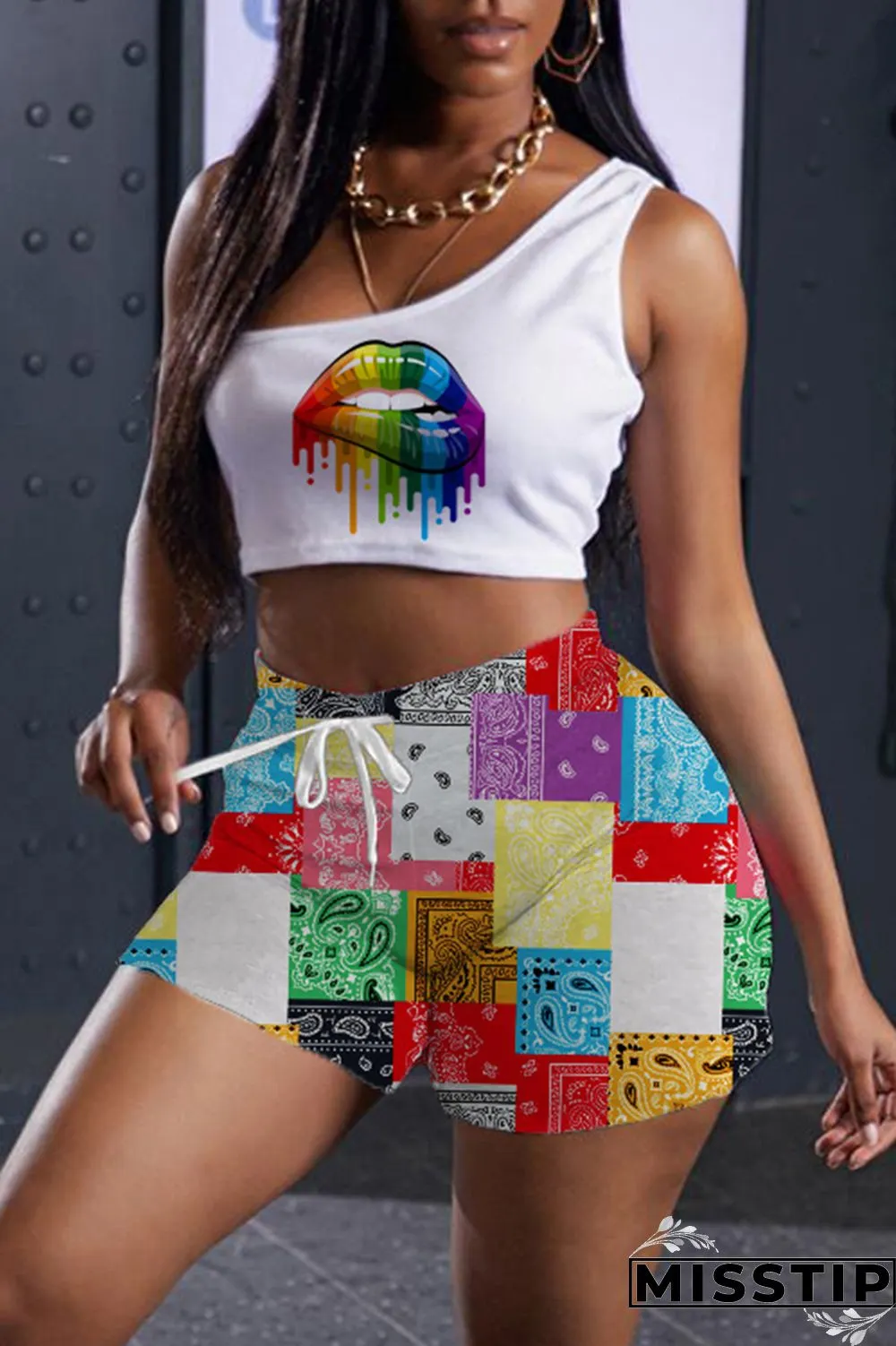 Red White Fashion Casual Print Basic One Shoulder Sleeveless Two Pieces