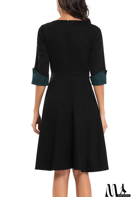 MidiSono - Colorblock Buttoned Cuffed Sleeve Prom Dress