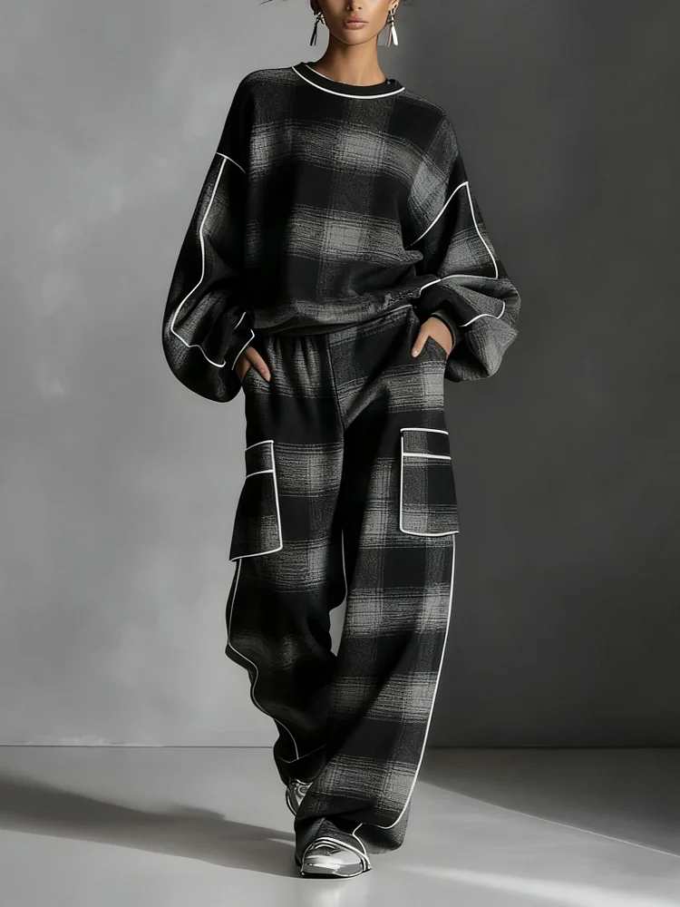 Black and Gray Plaid Color-blocked Sweatshirt and Casual Pants Two-piece set