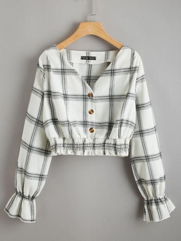 Button Front Bell Sleeve Shirred Tight Hem Plaid Top