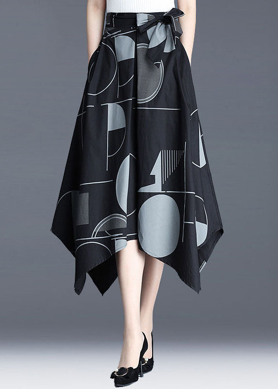VCSHOES Black Asymmetrical Print Patchwork Bow Cotton Skirt Spring