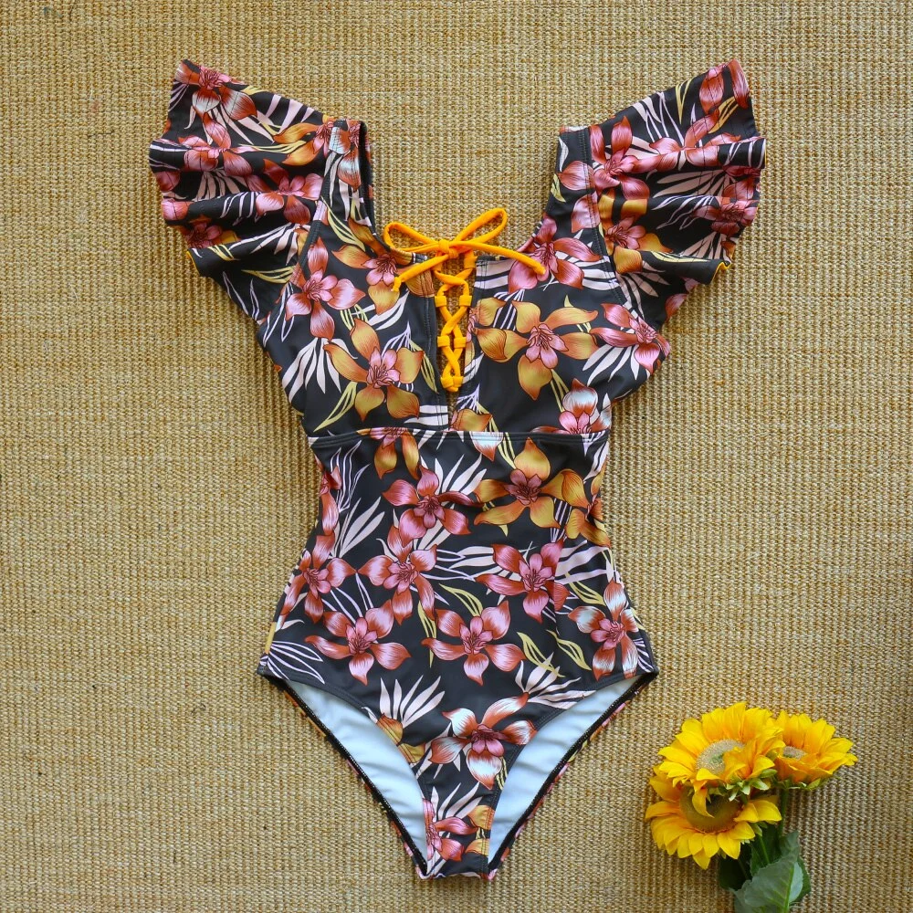 2020 New Sexy Ruffle Print Floral One Piece Strappy Slimming Swimwear Women Swimsuit Bathing Suit Backless Beach Wear Monkini