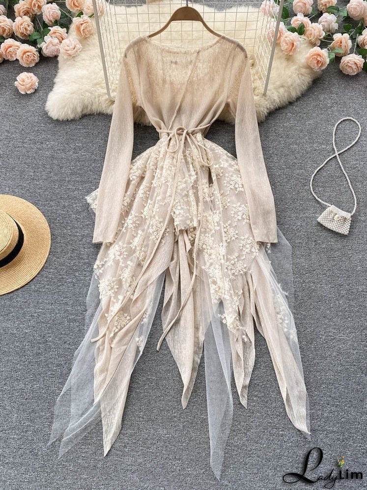 Women Party Warm-Season Waist Closing Up Autumn Temperament Lace Gown Tide New O-neck Elegant Vestidos Irregular 2024