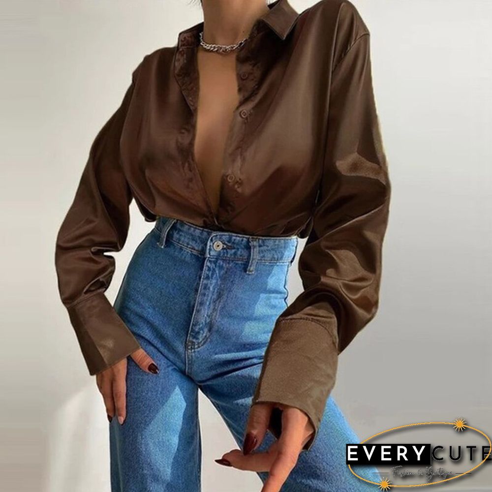 Women Elegant Satin Solid Long Sleeve Blouses Female Spring Vintage Loose Straight Buttons