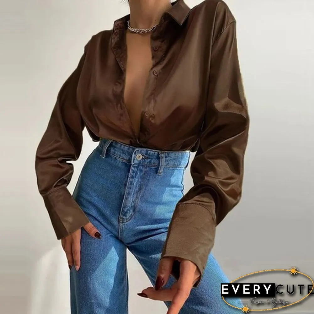 Women Elegant Satin Solid Long Sleeve Blouses Female Spring Vintage Loose Straight Buttons