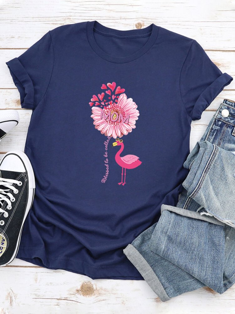 Flamingo Flower Print Short Sleeve T shirt For Women P1654269