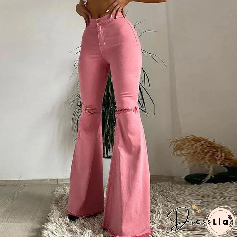 High Waist Plain Hole Elastic Pants