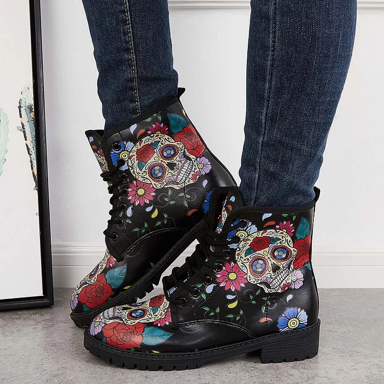 Skull Military Combat Boots Lace Up Low Heel Ankle Boots