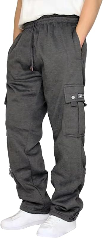 Men's Heavyweight Cargo Fleece Sweatpants Stretch Elastic Waist Trousers Drawstring Loose Fit Joggers With Pockets