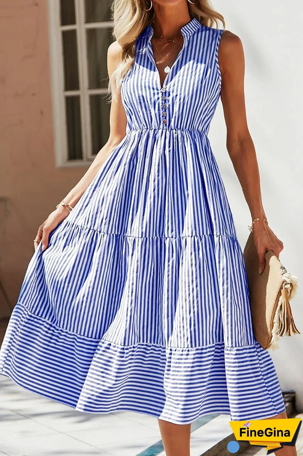 Sweet Elegant Striped Patchwork Mandarin Collar Sleeveless Dress Dresses