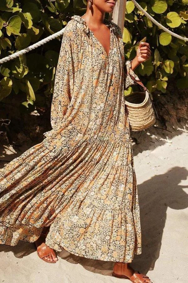Womens Small Floral Bohemian Long Beach Dress-Allyzone-Allyzone