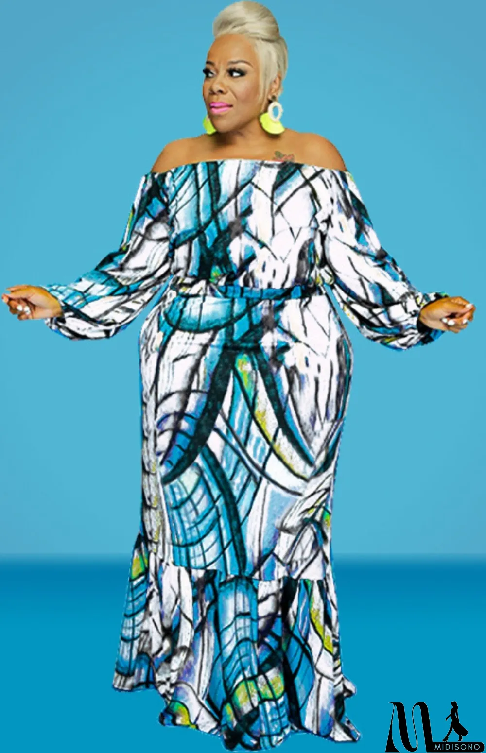 MidiSono - Autumn Plus Size Printed White Off Shoulder Puff Sleeve Long two piece skirt set