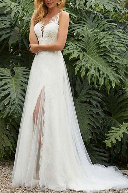 Oknass Lace Sleeveless Split Wedding Dress