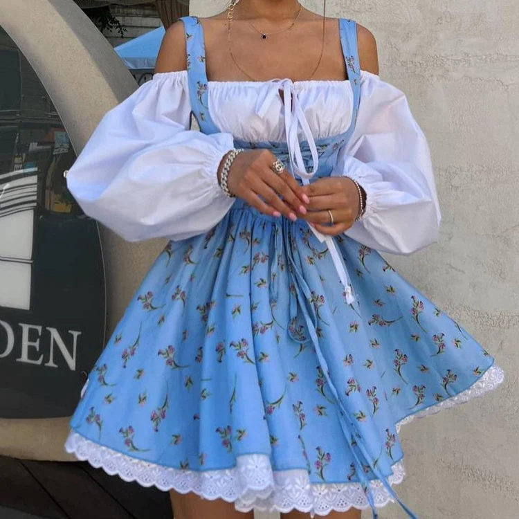 Churchf Churchf Women's Spring / Summer 2024 Bubble Sleeve Strap With Breast Fake Two French Dress Floral Strap Dress