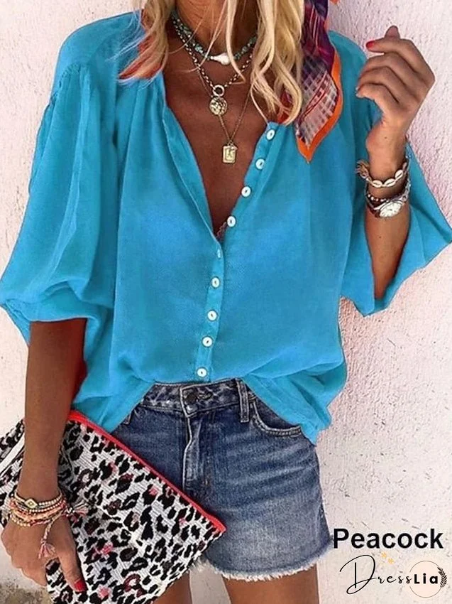 Shirt Blouse Black White Red Solid Colored Long Sleeve Daily V Neck S for Women